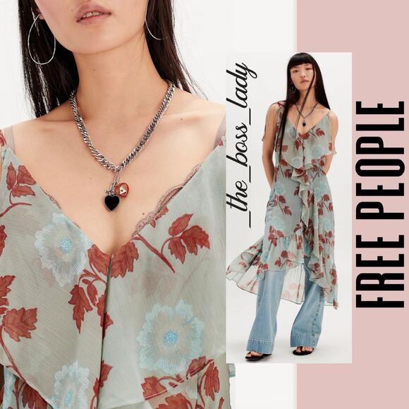 Free People dress or maxi top floral sheer slip ruffled strappy slit boho Medium - Picture 1 of 9